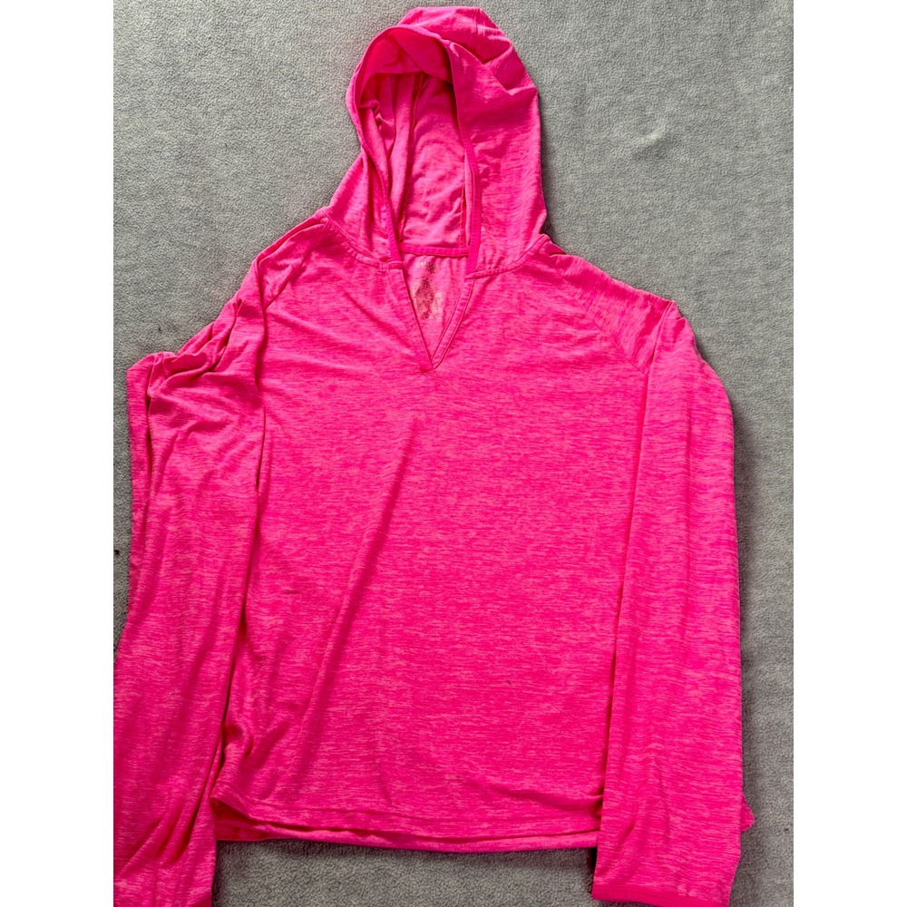 Danskin Now Womens Neon Pink Heathered V-Neck Hoodie Activewear Top Thumbholes